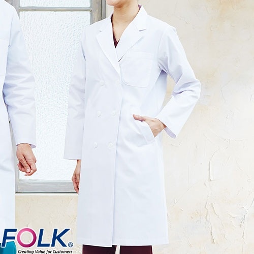 ドクターコート 白衣 2531PO レディス診察衣ダブル 長袖 FOLK フォーク レディース 女性用 ロング丈 医者 女医 病院 看護師 薬剤師 薬局 エステ 整骨院 実験 医療用 制服 ユニフォーム 名入れ おしゃれ かわいい 可愛い 動きやすい おすすめ