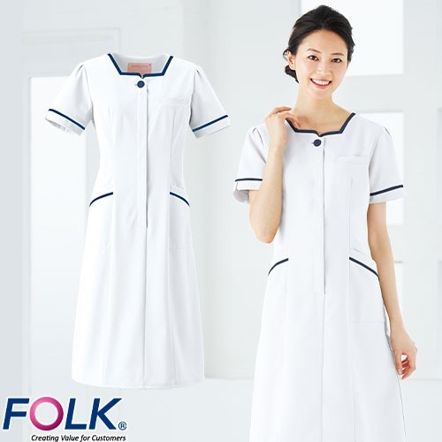 ワンピース 白衣 ナース服 3016EW 半袖 ナース ナースウェア FOLK フォーク レディース 女性用 ショート丈 短め 医療用 制服 ユニフォーム 看護師 病院 エステ サロン おしゃれ かわいい 可愛い 上品