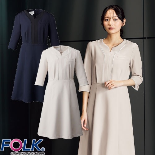 ワンピース 白衣 ナース服 3022SC 6分袖 ナース ナースウェア FOLK フォーク レディース 女性用 ショート丈 短め 医療用 制服 ユニフォーム 看護師 病院 エステ サロン おしゃれ かわいい 可愛い 無地 スカート