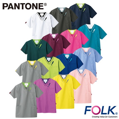 スクラブ 白衣 医療 PANTONE パントン ユニセックス 男女兼用 半袖 7042SC FOLK 医者 看護師 ナース ナース服 研修医 医療用 人気 制服 ユニフォーム ポケット 多い 病院 小児科 介護 可愛い かわいい かっこいい おしゃれ 動きやすい