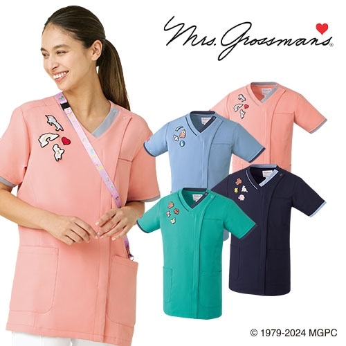 ミセスグロスマン ファスナースクラブ 男女兼用 スクラブ 白衣 メンズ レディース ユニセックス チトセ MG-0001 半袖 医療 制服 ユニフォーム 医者 医師 看護師 ナース 病院 介護 介護士 ファスナー おしゃれ かわいい 小児科 こども病院 クマさん