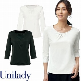 UNILADY ユニレディ 七分袖 カットソー U8440 春夏 シャツ ブラウス 事務服 医療事務 制服 ユニフォーム 病院 受付 接客業 サービス クリニック オフィス ビジネス オフィスカジュアル おしゃれ かわいい キレイ YAGI ヤギ  ブラック 黒 ホワイト 白 5号 7号 9号 11号 13号