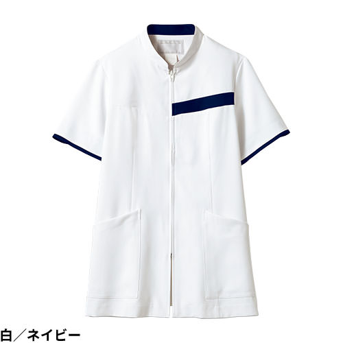 ジャケット 白衣 ケーシー 73-2088・2086 医療 治療 襟なし 住商モンブラン レディース 女性用 半袖 医師 医者 看護師 ナース 医療用 病院 リハビリ 作業療法 人気 上衣 医務衣 診察衣 ファスナー 制電 防汚 可愛い かわいい おしゃれ