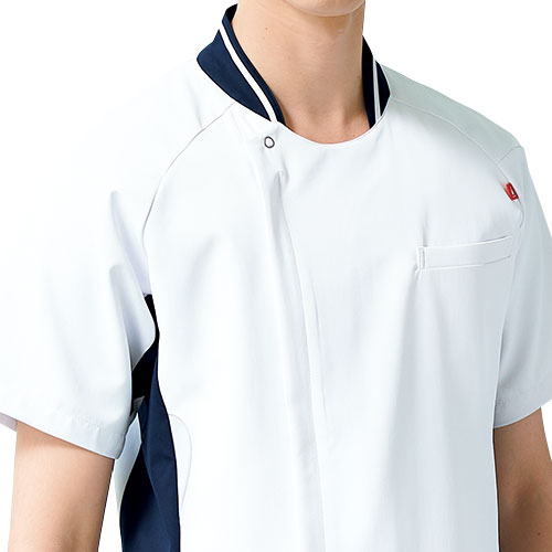 ジャケット ケーシー UQM1008N 医療 白衣 メンズ 男性用 ルコックスポルティフ ナースウェア 半袖 医療用 病院 病院実習 看護師 ナース 医者 医師 吸汗速乾 快適 帯電防止 制菌 スタンドカラー おしゃれ かっこいい