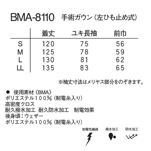 ナガイレーベン 手術ガウン(左ひも止め式) BMA-8110 ガウン 手術用 手術衣 オペ着 医療 制服 ユニフォーム 医者 医師 看護師 ナース 病院医療用 獣医師 予防衣 クリニック
