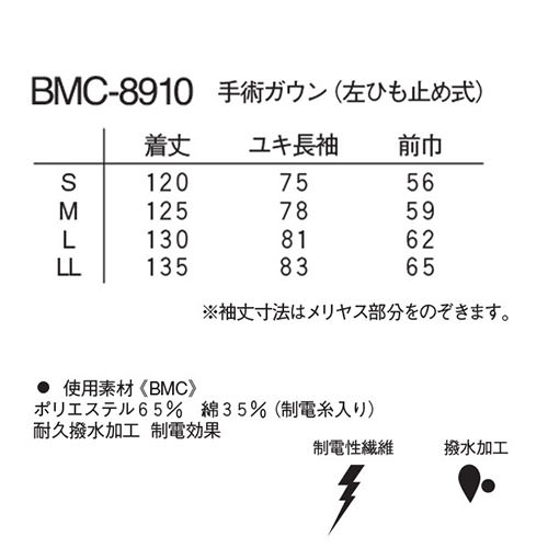 ナガイレーベン 手術ガウン(左ひも止め式) BMC-8910 ガウン 手術用 手術衣 オペ着 医療 制服 ユニフォーム 医者 医師 看護師 ナース 病院医療用 獣医師 予防衣 クリニック