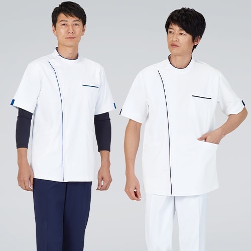 ケーシー 白衣 ジャケット WH12015 医療 治療 襟なし 自重堂 whisel ホワイセル メンズ 男性用 半袖 医師 医者 看護師 ナース 技師 医療用 作業療法 人気 病院 横掛 上衣 医務衣 診察衣 ストレッチ 伸縮性 吸汗 かっこいい おしゃれ