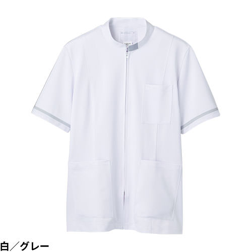 ケーシー 白衣 ジャケット 72 -854 ～ -858 医療 襟なし 住商モンブラン メンズ 男性用 半袖 医者 看護師 ナース 医療用 病院 作業療法 人気 夏 冬 上衣 診察衣 制電 前開き ジップアップ シンプル かっこいい おしゃれ