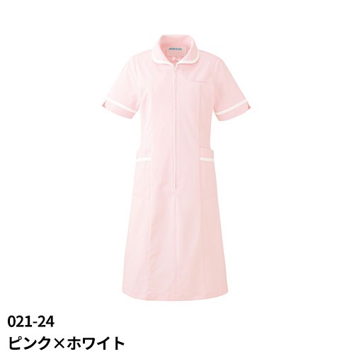 膝丈ナース服　薄ピンク色 ワンピース 白衣 ナース服 021 KAZEN カゼン 春夏 半袖 前開き
