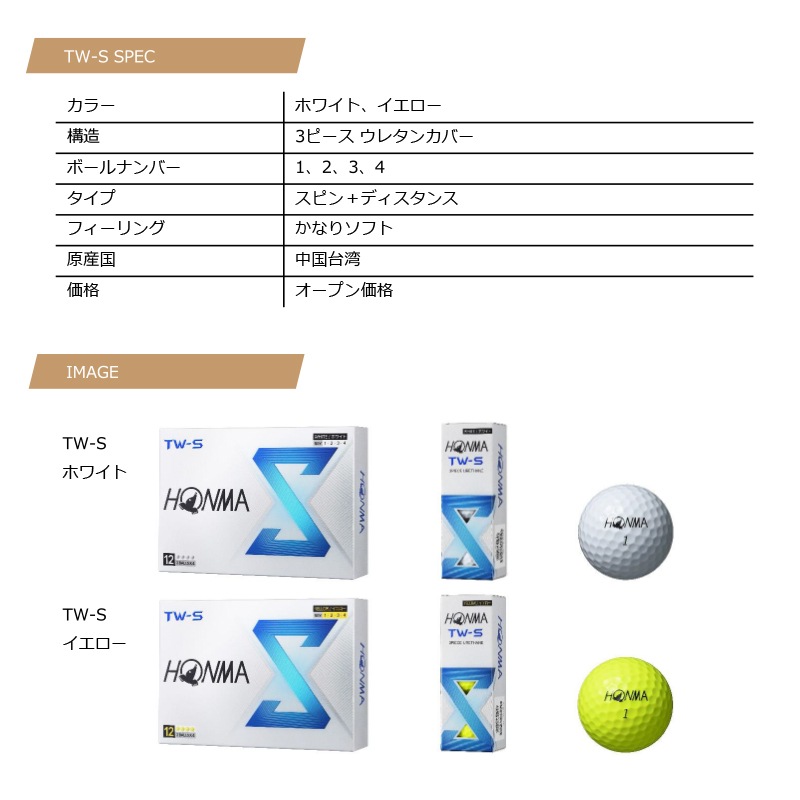 【在庫あり・即納】HONMA ホンマ 2024 TW-S Ball 1ダース（12個入り） TW-S ボール ゴルフボール 日本正規品【BT2403】