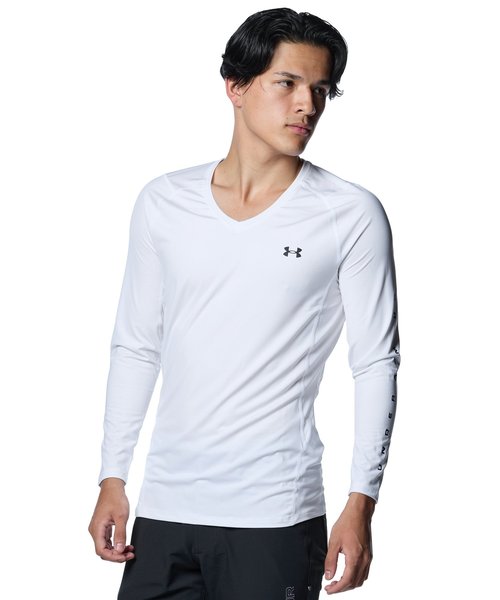 アンダーアーマー UAヒートギア フィッティド ロングスリーブ Vネック シャツ 1371673-100 White/Black メンズ ゴルフ UNDER ARMOUR