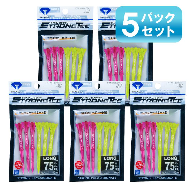 【5パックセット】ダイヤゴルフ ストロングティー ロング 6本入 TE-4001C DAIYA GOLF STRONG 全長75mm ピンク＆イエロー（C） ティーアップ高40mm