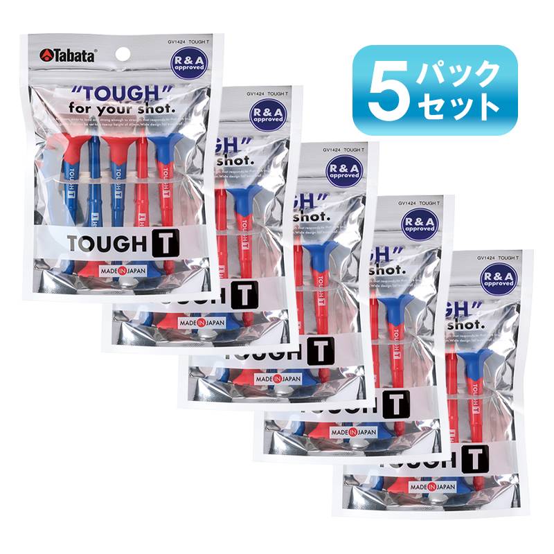 【5パックセット】タバタ ゴルフティー タフティー 5本入 TOUGH Tee GV1424 ブルーxレッド 全長80mm ティーアップ高40mm 折れにくい 丈夫な ボールが乗せやすい 高さガイド付き ゴルフ 日本製