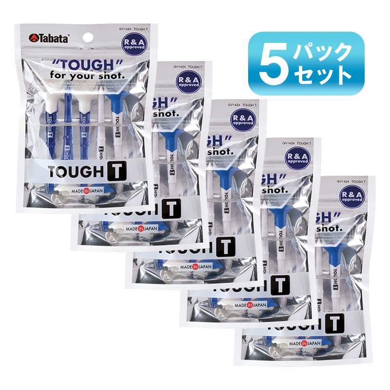 【5パックセット】タバタ ゴルフティー タフティー 5本入 TOUGH Tee GV1424 ブルーxホワイト 全長80mm ティーアップ高40mm 折れにくい 丈夫な ボールが乗せやすい 高さガイド付き ゴルフ 日本製