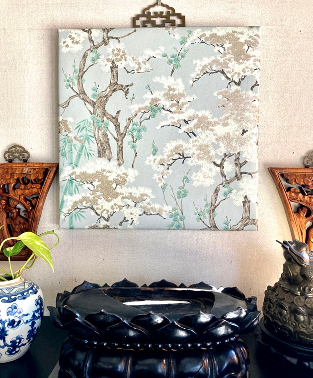 花鳥風月のシノワズリーパネル 《松竹梅の雪景色/ブルーグレー