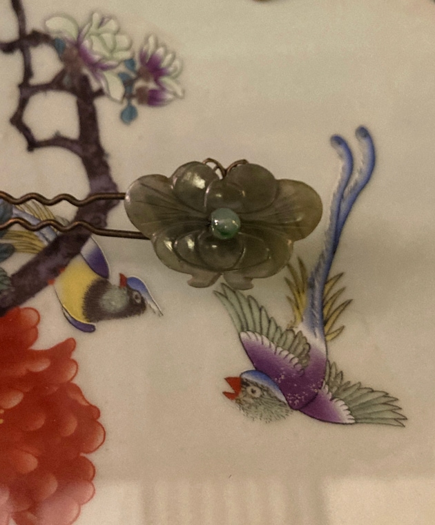 アンティーク碧玉のお花と翡翠の髪飾り | シノワズリ