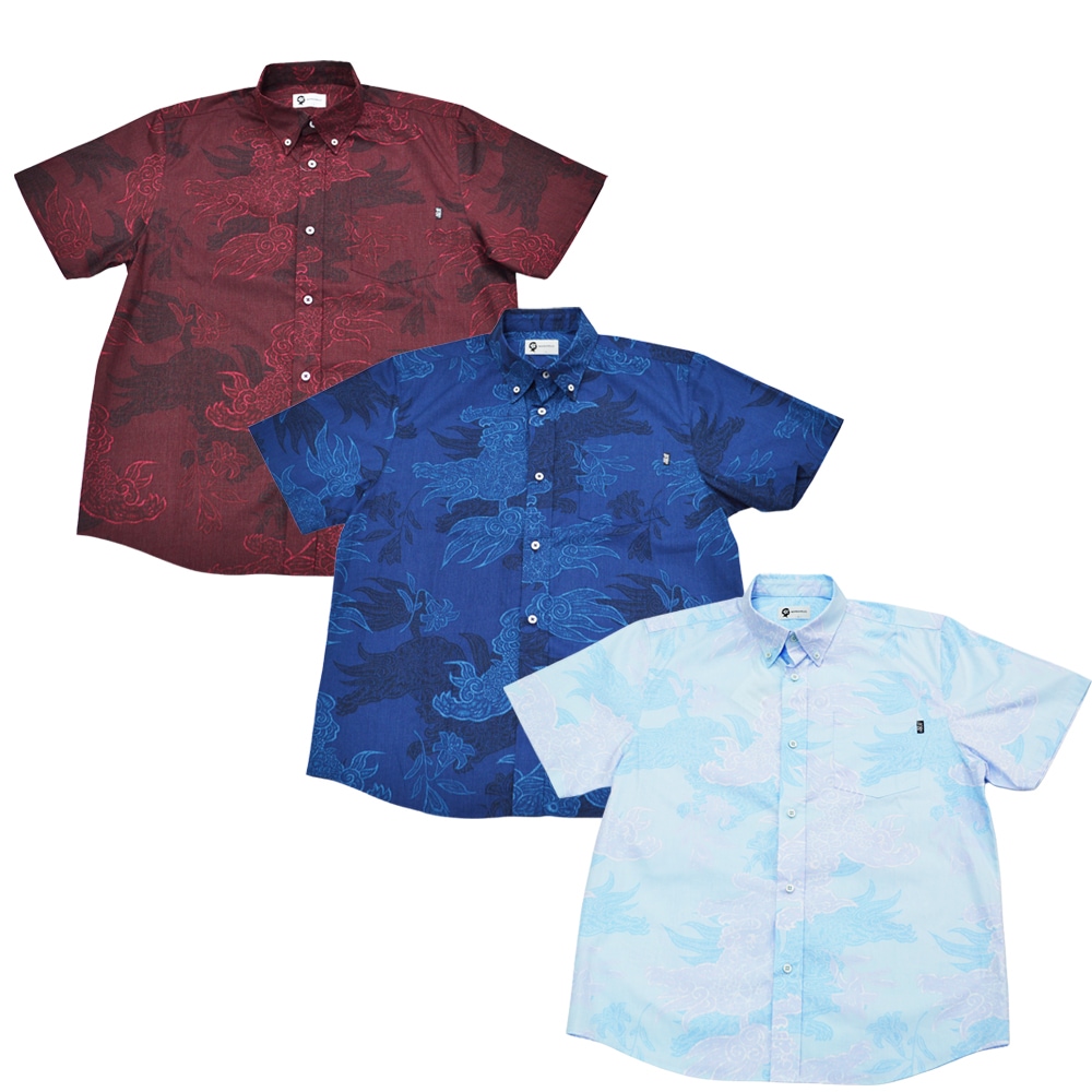 2026年新作】かりゆしウェア かりゆし メンズ 先染め風シーサー ボタン