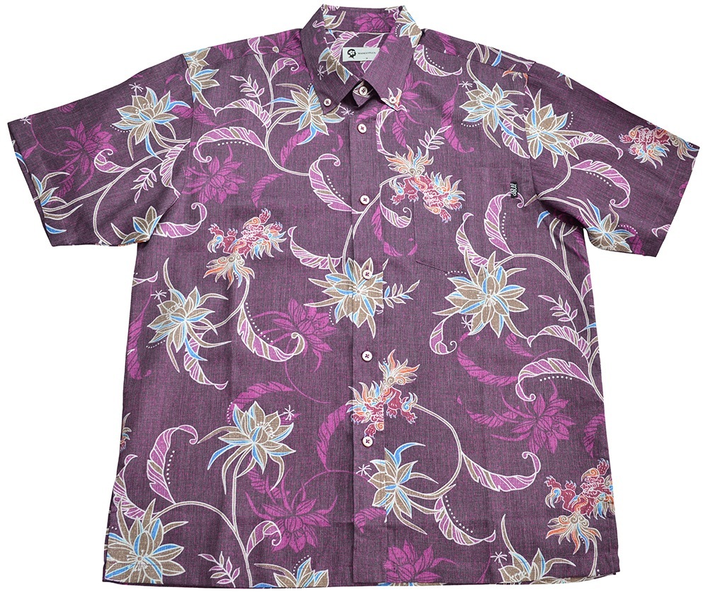 メンズ シーサー月下美人 ボタンダウン（ゆったりタイプ） | (MANGOPLUS マンゴプラス メンズ かりゆしウェア アロハシャツ)