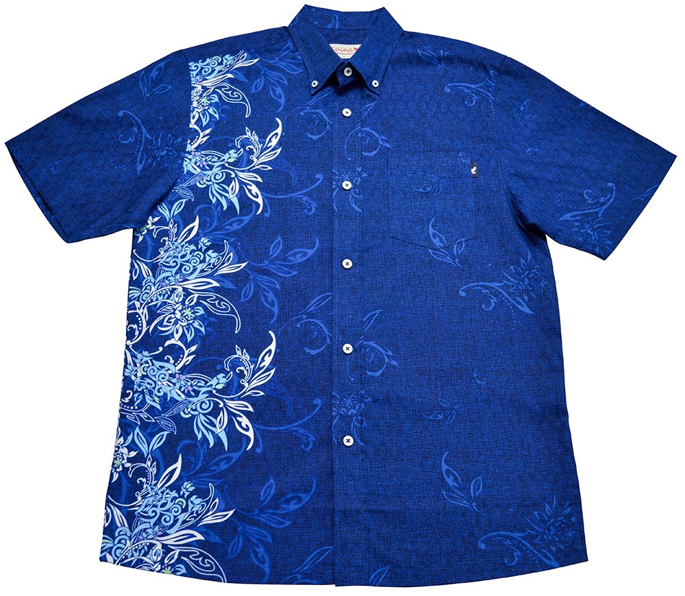 メンズ シーサーリーフボーダー ボタンダウン（ビジネスフィット） | (メンズ KUINA クイナ かりゆし アロハシャツ)