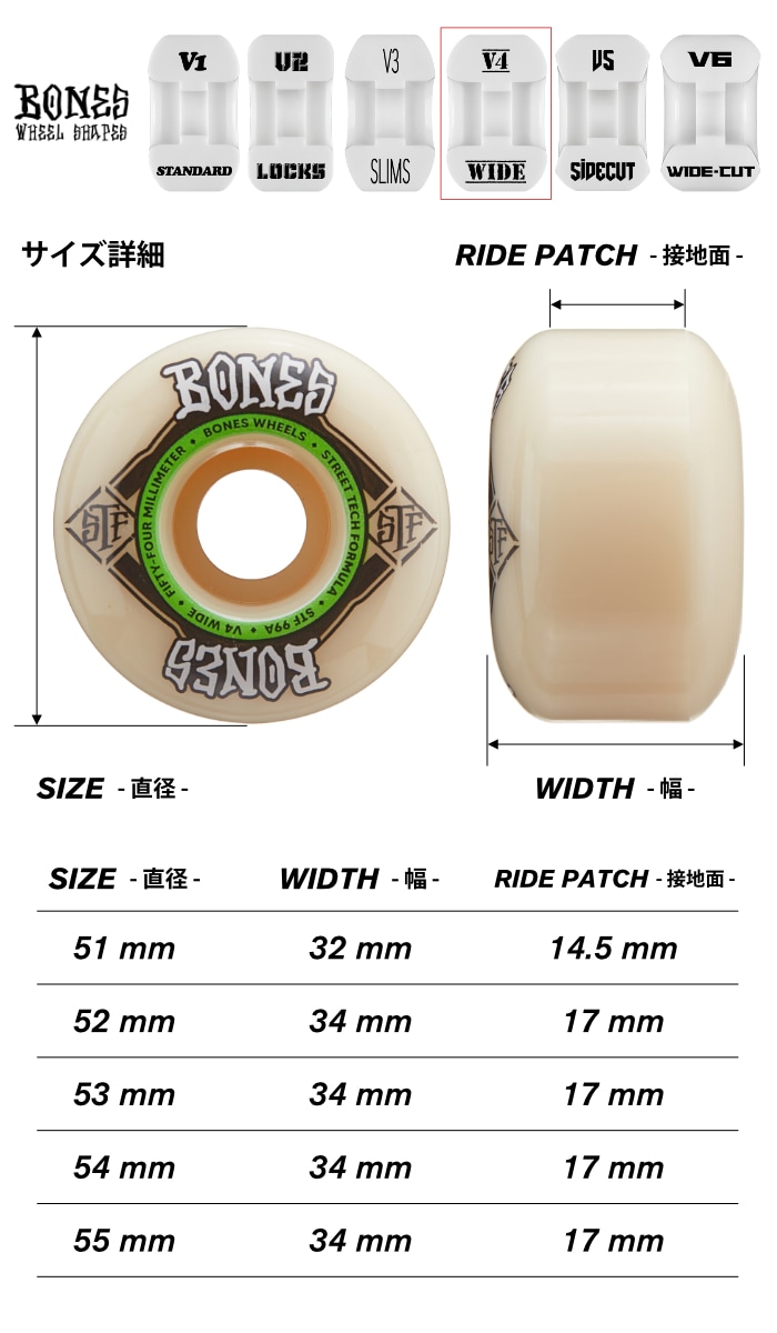 毎日割】スケボー BONES ボーンズ ウィール STF V4 WIDE 99A 51mm 52mm