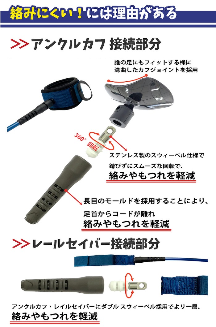 プレゼント付】 リーシュコード サーフィン 7.6ft 絡まない NOGES