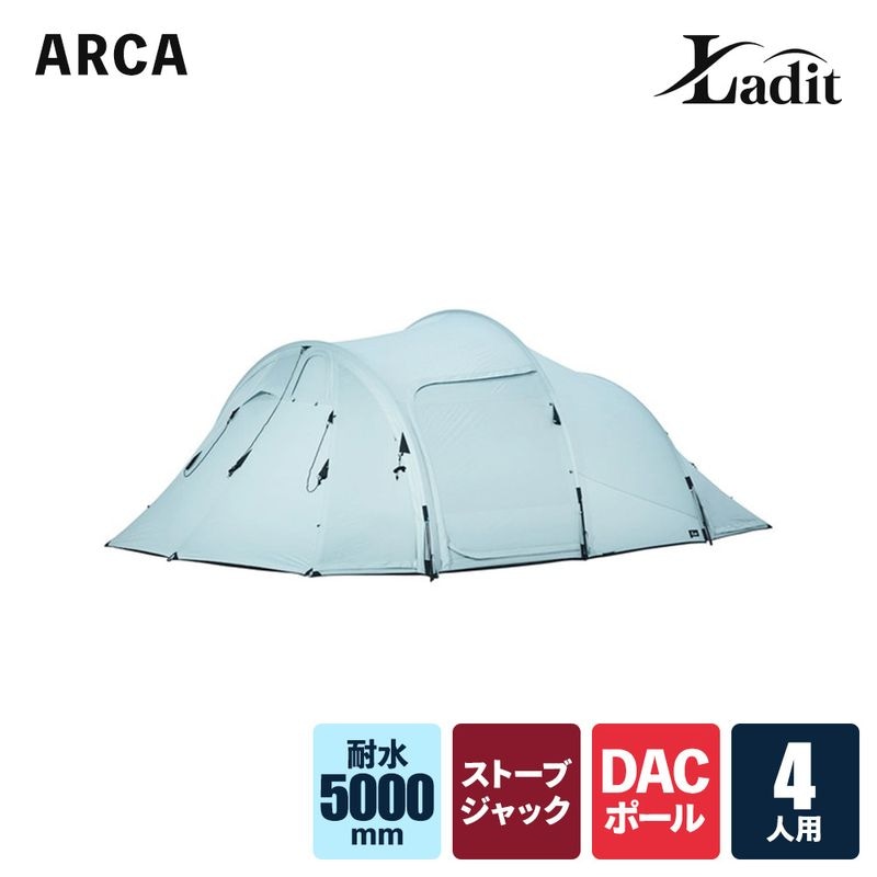 【予約/9月中旬発送予定】Ladit ARCA テント 4人用 ブルー 通気性 簡単 設営 コンパクト 収納バッグ付き キャンプ アウトドア 持ち運び 広い 家族 オートキャンプ 冬キャンプ ストーブ ジャック DACポール ポールテント 大型 防水 耐水 5m 6m ラディット アルカ