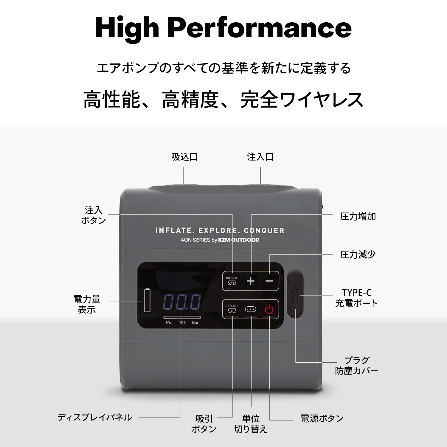 【KZM公式ストア】 KZM OUTDOOR カズミ アウトドア AONコードレス電動ポンプ 持ち運び キャンプ用品 キャンプグッズ おしゃれ かっこいい グレー 便利 液晶 自動 エアポンプ 無線 空気 注入 簡単 高速