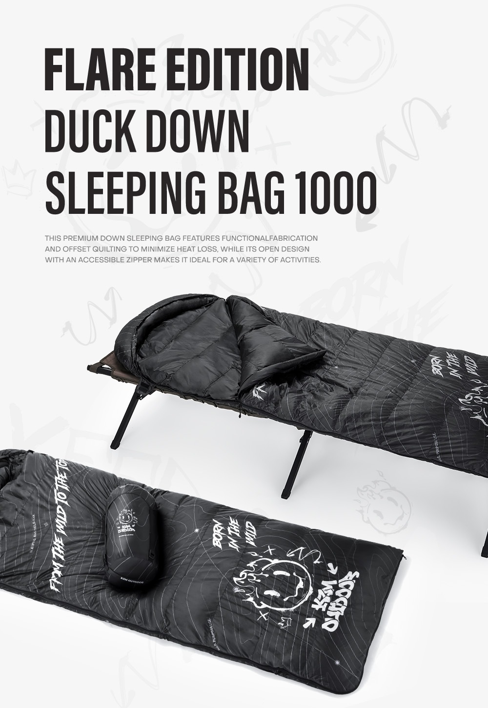 【KZM公式ストア】KZM OUTDOOR カズミ アウトドア フレアエディション ダックダウン寝袋 1000 ブラック 連結可能 寝袋 シュラフ 布団 封筒型 封筒タイプ 幅80×195cm 防水 防風 防寒 キャンプ レジャー 山登り あったかい 保温 収納袋付き 持ち運び 災害 防災 コンパクト