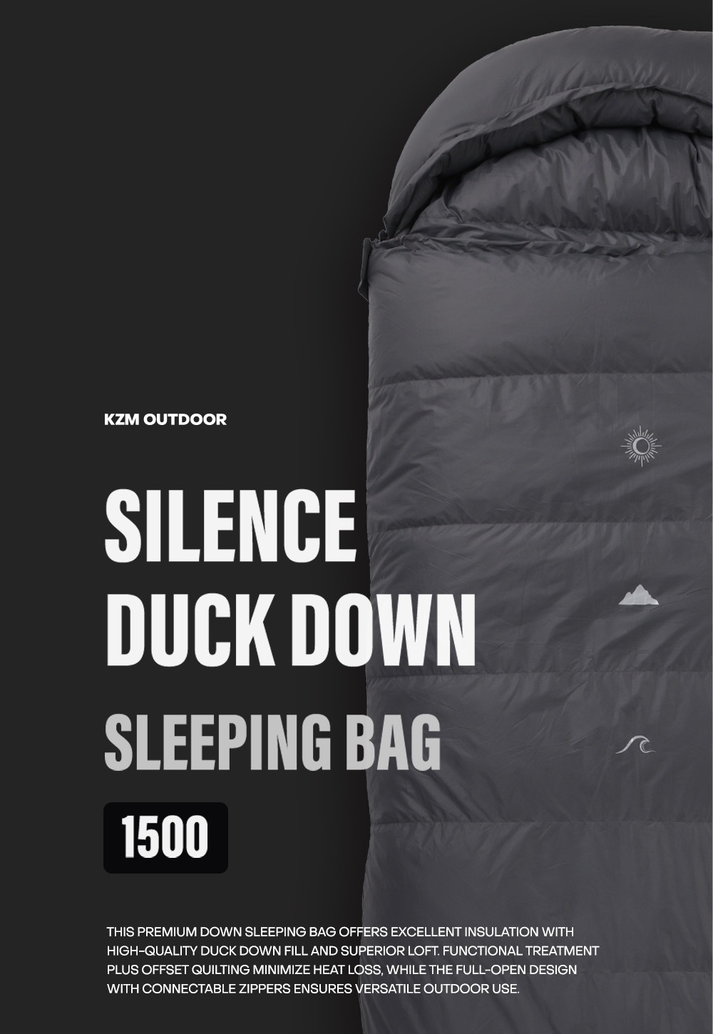 【KZM公式ストア】KZM OUTDOOR カズミ アウトドア サイレンス ダックダウン寝袋 1500 チャコール 連結可能 寝袋 シュラフ 布団 封筒型 封筒タイプ 幅80×195cm 防水 防風 防寒 キャンプ レジャー 山登り あったかい 保温 収納袋付き 持ち運び 災害 防災 コンパクト