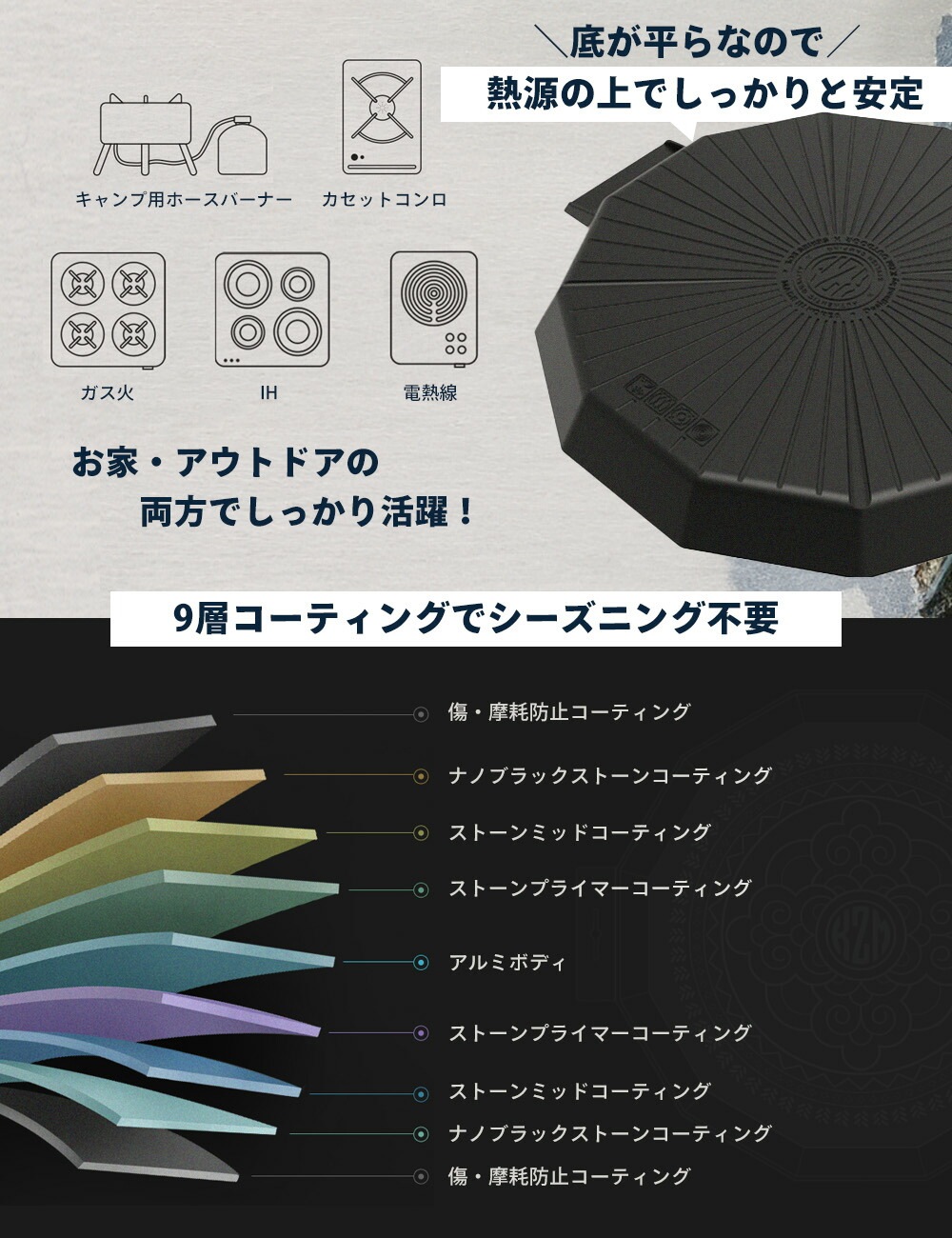 【KZM正規代理店】KZM OUTDOOR カズミアウトドア デザイングリドルプレミアムR   デザイン グリドル R IH キャンプ 洗剤 グリルパン  調理器具 鍋 フライパン 調理 グリル プレート キャンプ用品 ソロキャン 家族キャンプ 大型 大きめ 取っ手 パン 深型