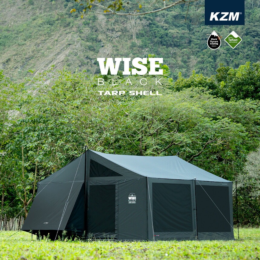 【KZM正規代理店】KZM OUTDOOR カズミアウトドア ワイズブラック タープ シェル  テント 4～5人用 4×4.4ｍ 遮光 日よけ サンシェード 8面メッシュウインドウ 通気性 全面パネル ロールアップ 大型テント フルクローズ 耐水圧 アウトドア キャンプ アウトドア\テント・タープ・レジャーシート\ 4～5人用テント