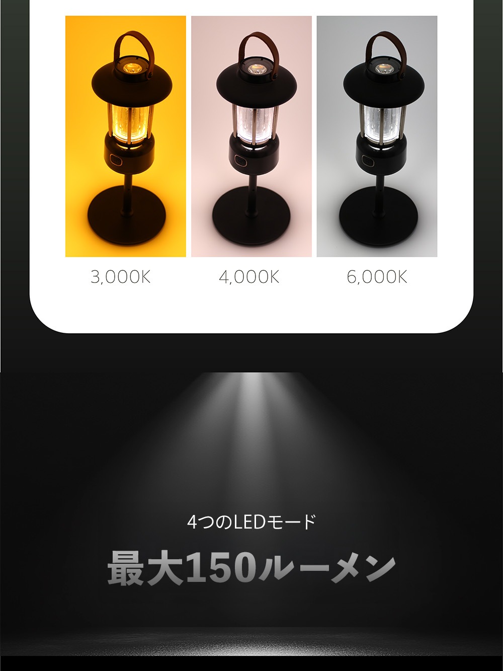ミニスタンドランタン FINEL F-10 LED ブラック アウトドア コンパクト 間接照明 色温度 USB-C スタンド付き 2,000mAhバッテリー 1.5時間充電 作動時間最大15時間 3色切替 キャンプ 屋外 持ち運び 有線 無線 ワイヤレス スタンドライト 卓上 吊り下げ インテリア レトロ