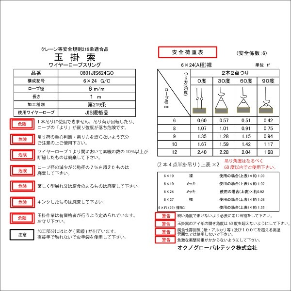 JIS玉掛ワイヤーロープ 6×24G/O 径6m/m×長さ4m | 物流/梱包用品,玉掛