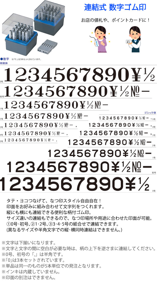 【シャチハタ】柄付ゴム印 連結式 数字セット5号 明朝体/ゴシック体 GRN-5M/GRN-5G