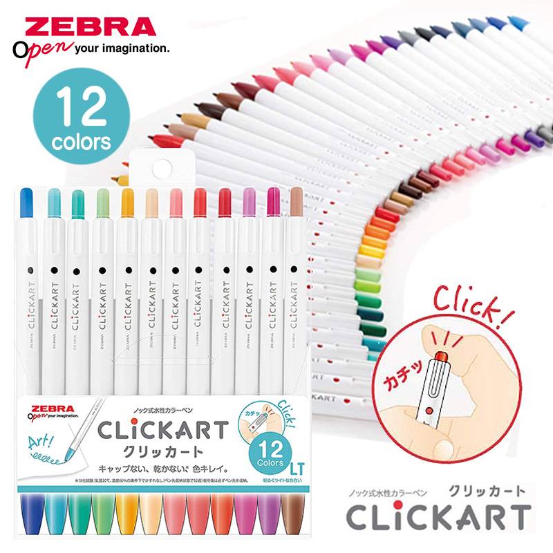 【ZEBRA】ゼブラ キャップがなくても乾かない！ ノック式水性カラーペン クリッカート 12色(明るくライト色合い)　WYSS22-12CLT