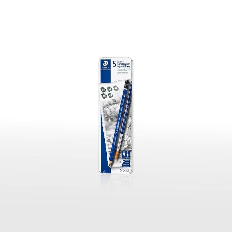 水に溶ける？！楽しい！墨みたい！【STAEDTLER】ステッドラー マルス ルモグラフ アクェレル 水彩鉛筆 3硬度5本+筆付きセット 8B～4B 100A G6