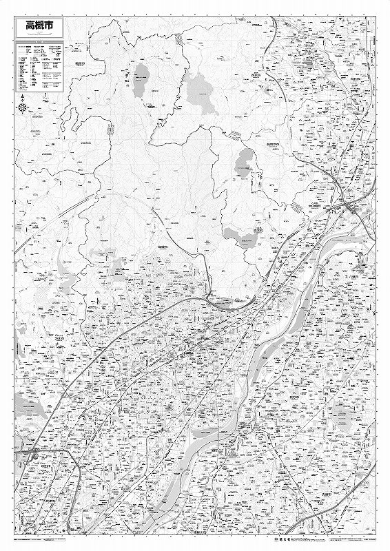 市町村別行政区分地図 大阪府 高槻市 （モノクロ） を印刷販売