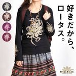 長袖カットソー レディース エスニックファッション クールなロータス袖柄入りロングスリーブＴシャツ アジアン ファッション ボヘミアン アジアンテイスト 蓮柄 長袖Ｔシャツ はす ハス Lotus ロ