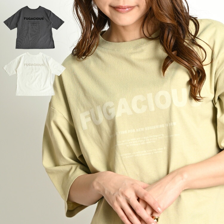 圧倒的使いやすさ。2WAYロゴ半袖Tシャツ レディース ロゴT カットソー 半袖Tシャツ 半袖カットソー 英字 プリント ティーシャツ プルオーバー ゆったり オーバーサイズ 大きいサイズ トップス クルーネック 丸首 プリントTシャツ 撥水 速乾 前後 スリット 綿