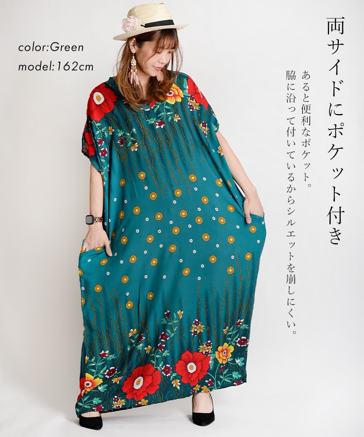 品よくリラクシーな着心地のレトロな総花柄ロング丈ワンピース の別カット