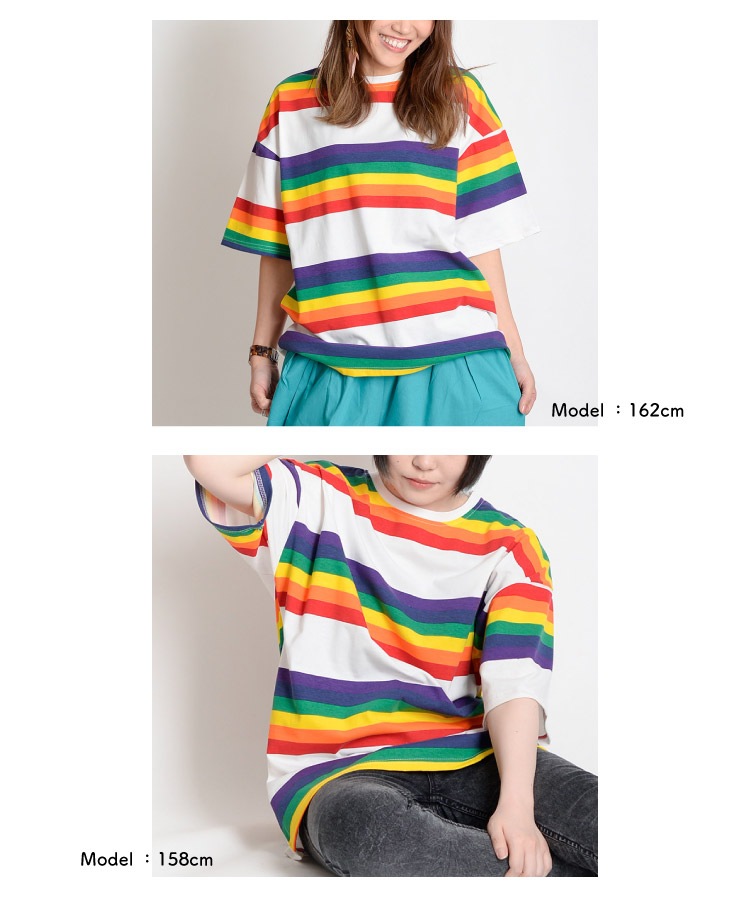 レトロポップで可愛く着るオーバーサイズレインボー半袖Tシャツ の別カット
