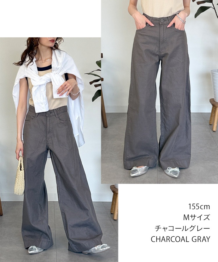 綿麻 バギーパンツ レディース ワイドパンツ リネン 麻 コットン 大きいサイズ 春夏 通気性 ボトムス ズボン ロング丈 ウエストゴム 裏地なし 透けない 体型カバー ゆったり 大人カジュアル ミセス ブラック チャコールグレー M L LL の別カット