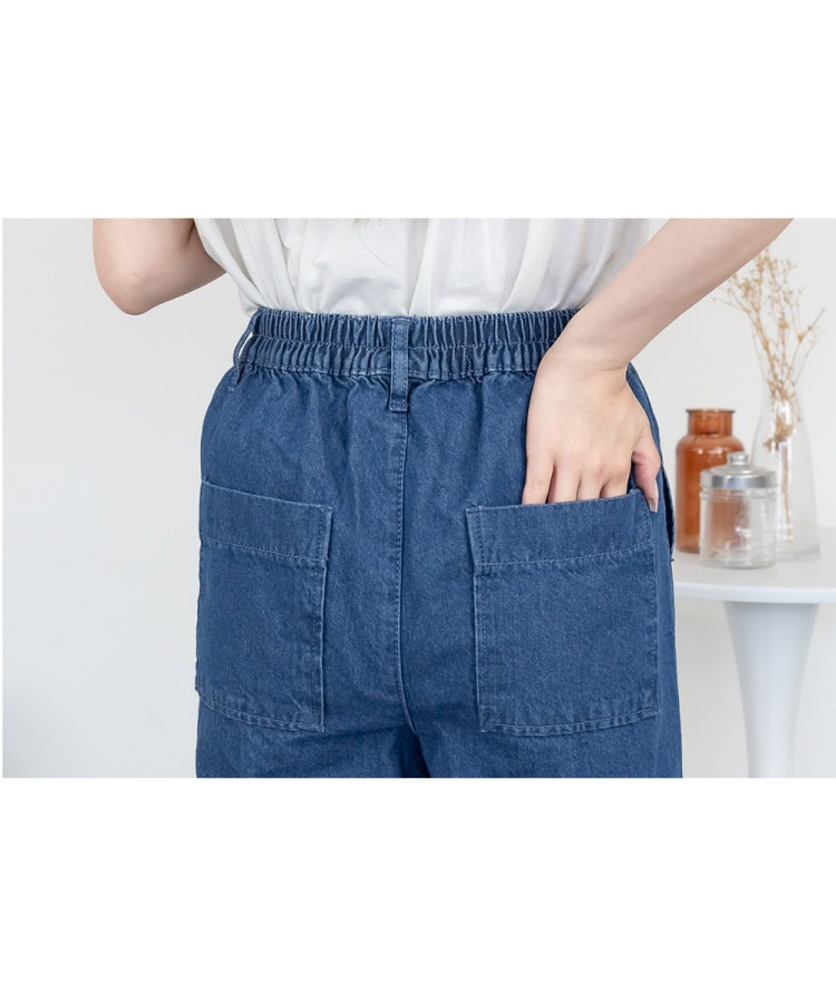 デニム ジーンズ ワイドパンツ レディース 大きいサイズ ウエストゴム 綿100% コットン 体型カバー ゆったり ボトムス ロング丈 ハリ感 デイリー カジュアル 年間定番 M L LL 3L 4L ダークネイビー ネイビー ブルー 30代 40代 50代 の別カット