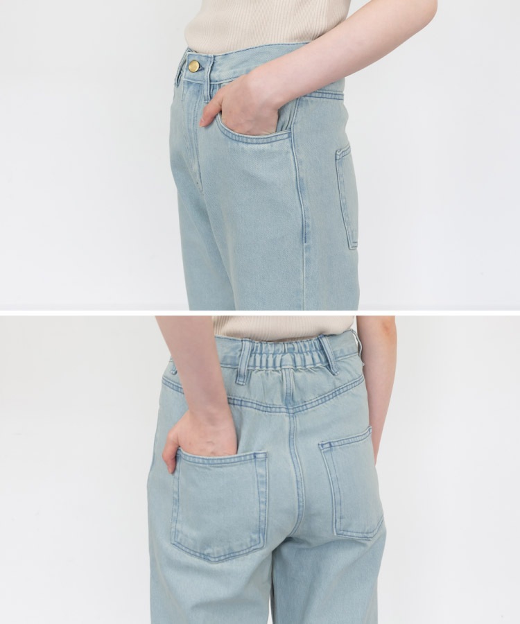 デニムパンツ レディース スリムストレート ジーンズ ジーパン ストレートパンツ 後ろゴム ウエストゴム 綿100% コットン ネイビー ダークネイビー ライトブルー M L LL 大きいサイズ ボトムス ズボン ロングパンツ 30代 40代 50代 の別カット