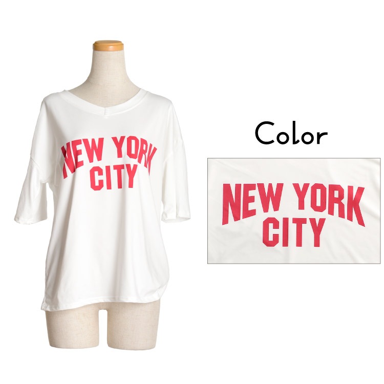 Tシャツ レディース 半袖 トップス タウンユースな着こなし広がる。Vネック半袖ロゴTシャツ NEW YORK ロゴT カットソー ティーシャツ カジュアル 大きいサイズ 大きめ ゆったり Vネック ニューヨーク 英字 英語 涼しい 軽量 春 春服 夏 夏服 ホワイト 白 の別カット