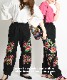 ワイドパンツ レディース チャイナ サルエルパンツ 春 夏 花柄 花 刺繍 綿麻 サルエル パンツ ワイド ロング丈 ボトムス エスニック アジアン ファッション バルーンパンツ アラジンパンツ ロングパンツ ストレートパンツ 個性的 レトロ ウエストゴム の別カット