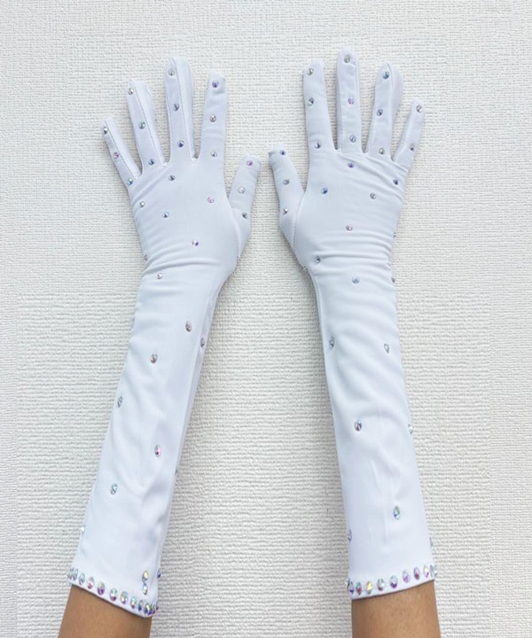 ストーン付きロング手袋 白 - フィギュアスケートのコスチューム新体操