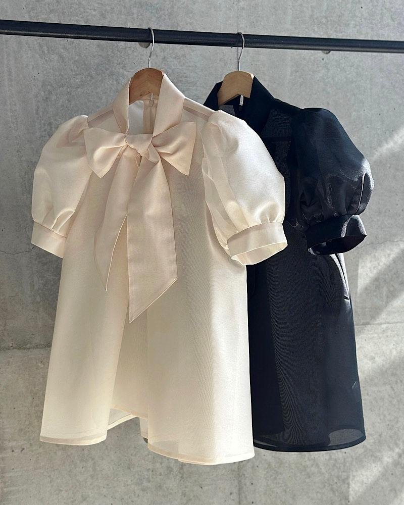 みー　新品　マーロンエノンフィ　オーガンジーパフスリーブトップス　白 残り4点のみ】オーガンジーリボンタイトップス | Tops | MARONENONFEE