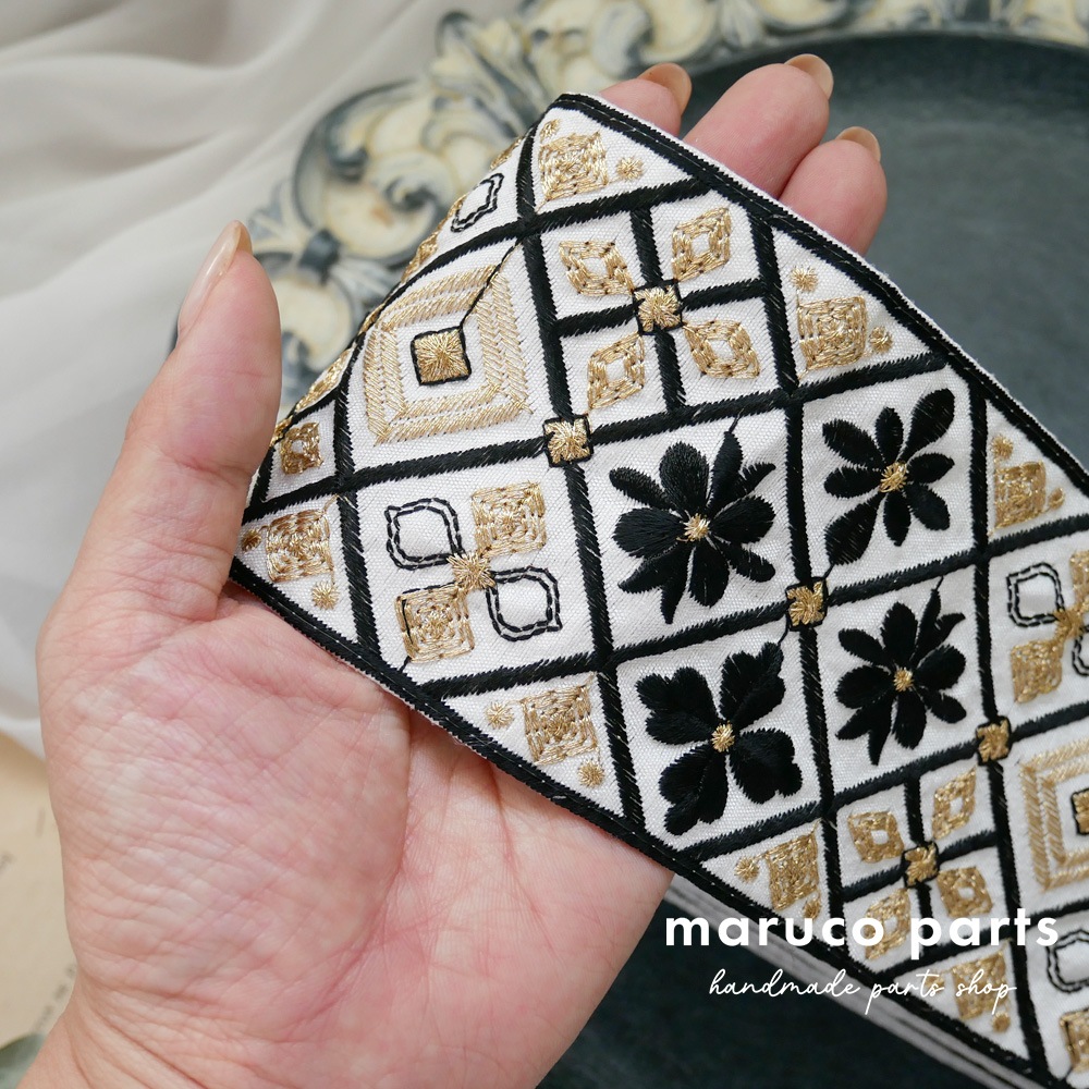 【1本2m】【 インド刺繍リボン (c008) ＊ 幅 約85mm 】