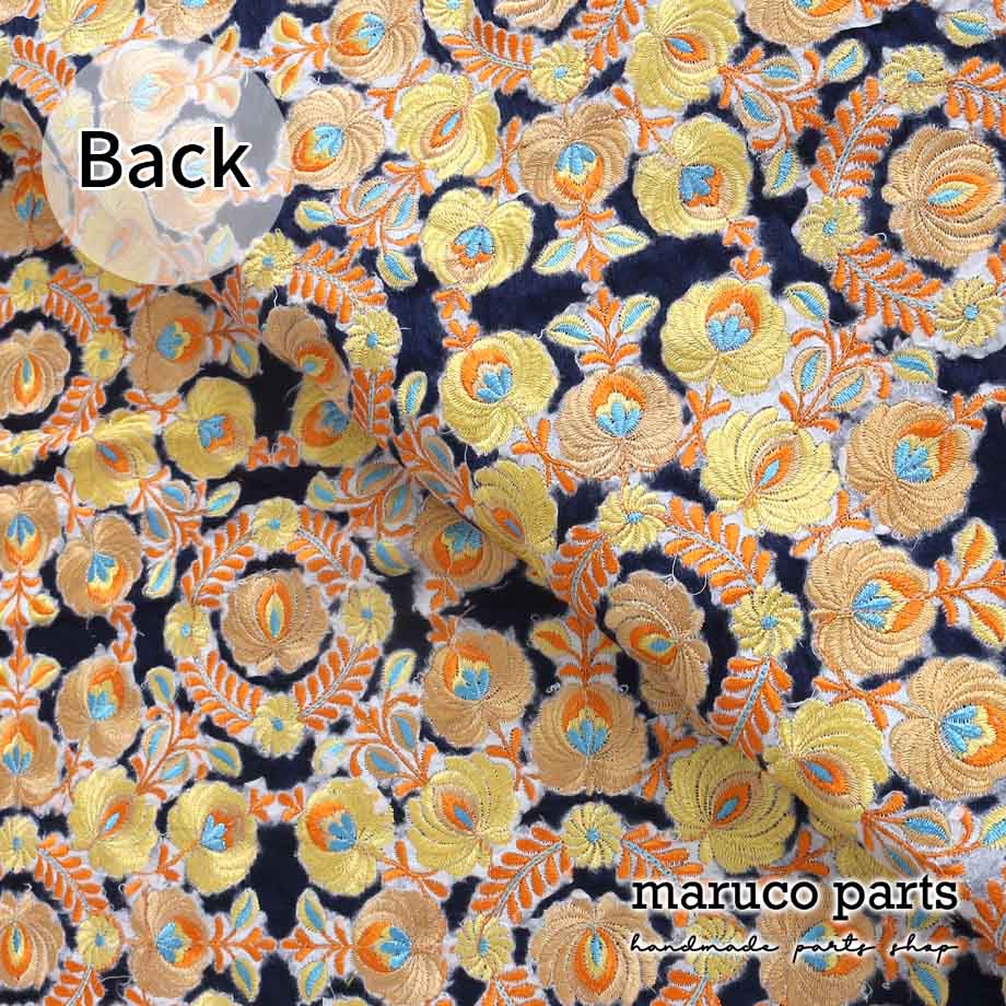 【計り売 30cm-】【 インド 刺繍 生地 (11)  ＊ イエロー フラワー ネイビーベース 】